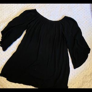 Black elastic neckline bell sleeve w/ slits blouse